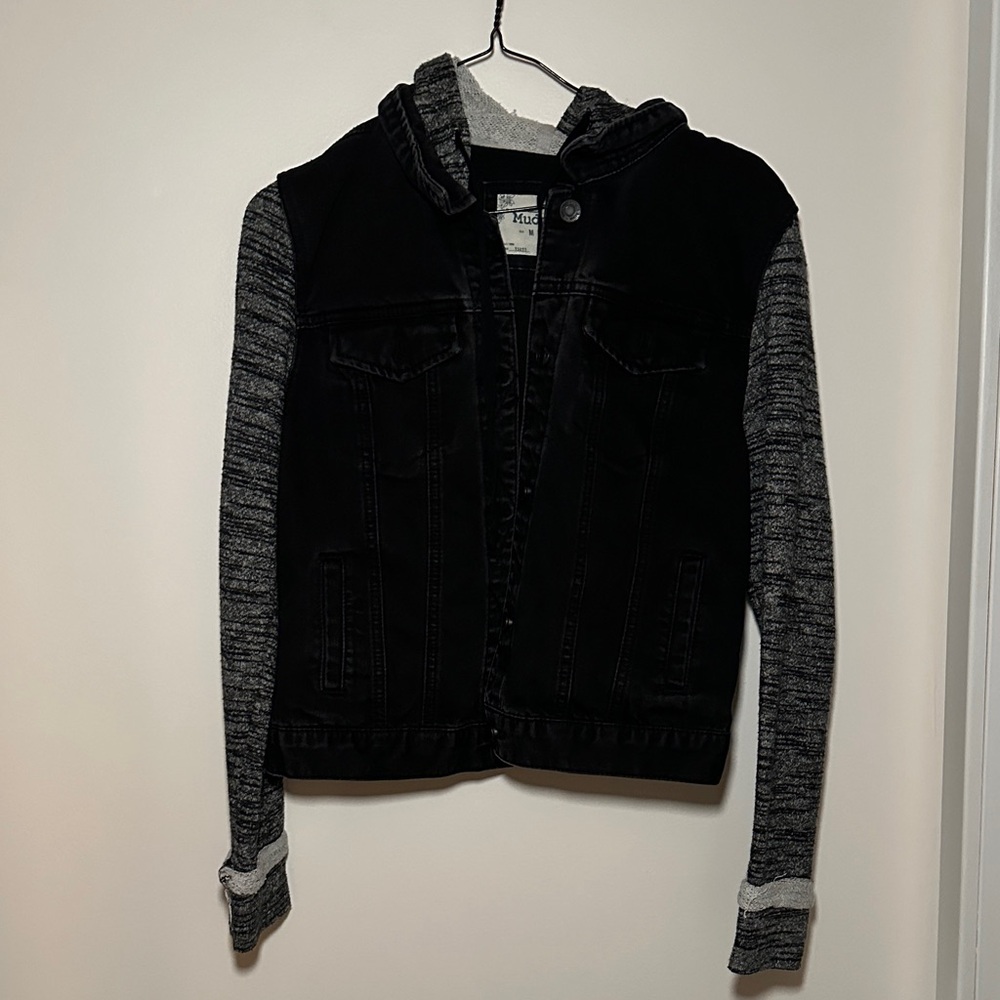 Mudd Black Denim Jacket with Gray Knit Sleeves